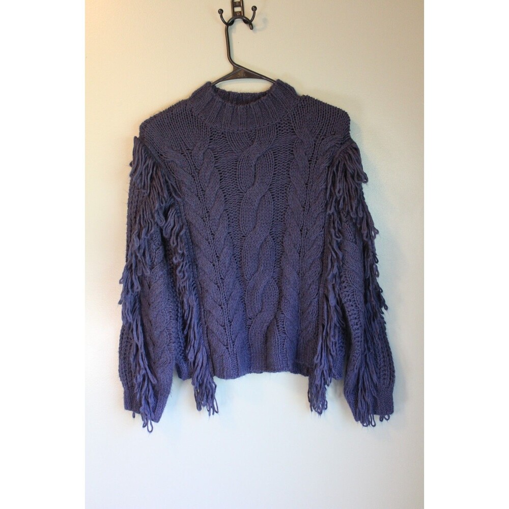 525 America Blue Fringe Sweater Women's XS Mock Neck Long Sleeve Knit